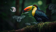 Vibrant toucan perching on green branch in tropical rainforest generated by AI