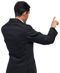 Poster - Digital png photo of back of biracial businessman pointing on transparent background