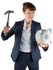 Poster - Digital png photo of caucasian businesswoman with hammer and piggy bank on transparent background