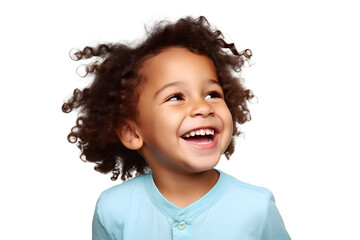 Wall Mural - a professional portrait studio photo of a cute mixed race boy child model with perfect clean teeth laughing and smiling. isolated on white background. for ads and web design.