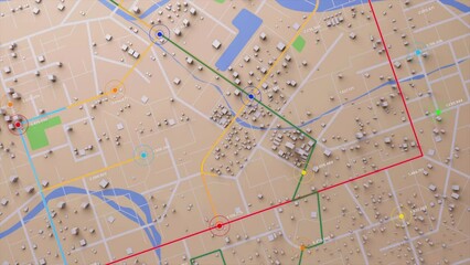 Poster - 3d rendering top view city map with navigator line and destination gps technology transportation, fu