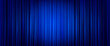 Closed blue theater or cinema curtain on stage with circle spotlight. Realistic vector background of broadway show or movie ceremony fabric waved drapery. Backdrop velvet tissue on scene with light.