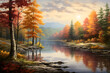 Craft a scene of a serene and reflective lake surrounded by autumn foliage, with vibrant colors mirrored in the calm water, illustrating the beauty and tranquility of fall landscapes, Stunning fall