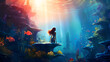Enchanted Waterfall Grotto Game Art, Exploring the Depths: A Marine Biologist Diving into the Deep Dark Ocean, underwater coral reef landscape background in the deep blue ocean with colorful fish 

