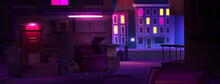 Night Dark City Alley Street Cartoon Background. Urban Building With Cyber Neon Light On House Wall. Back Alleyway In Neighborhood Near Road With Cityscape. Colorful Nyc Downtown Life With Trash