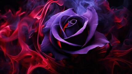 Purple rose wrapped in red smoke swirl on black background