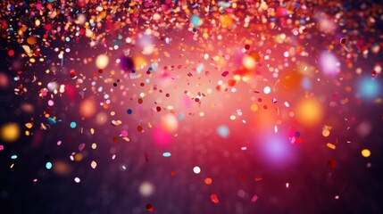 A festive and colorful party with flying neon confetti on a purple, red and blue background