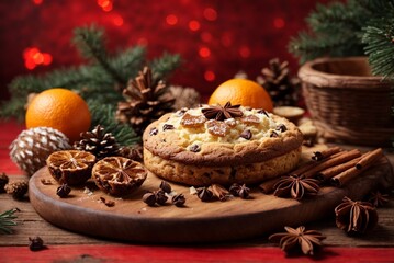 Wall Mural - Christmas cookies with oranges, cinnamon and anise on a wooden board