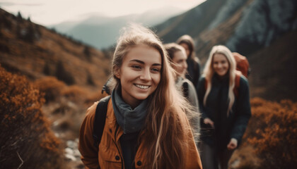 Sticker - Young adults hiking mountain, enjoying nature, smiling with happiness generated by AI