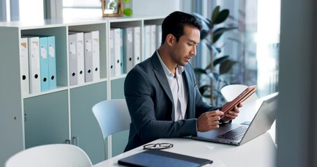 Aufkleber - Business man, laptop and tablet for data analytics, stock market and online research for profit, sales or company account. Asian trader, investor or analyst in office on digital tech and computer