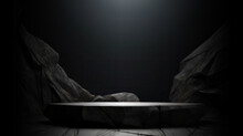 Black, Dark And Gray Geometric Stone And Rock Shape Background, Minimalist Mockup For Podium Display Showcase, Studio Room, Platform Illuminated By Spotlights, Interior Texture For Display Products