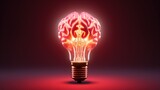 Fototapeta  - A brain-shaped light bulb glowing in red, symbolizing innovation, ideas, and cognitive processes.