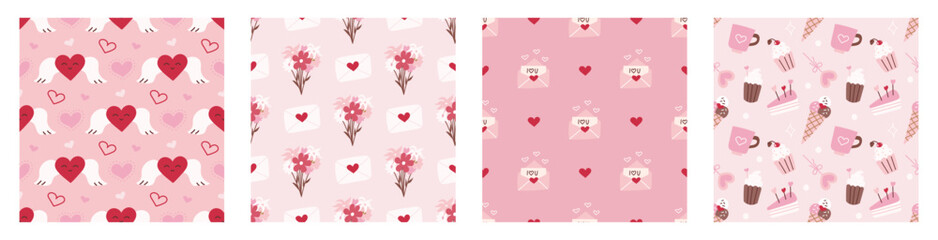 Wall Mural - set of seamless patterns for valentine's day. romantic vector backgrounds. ornament for postcards, w