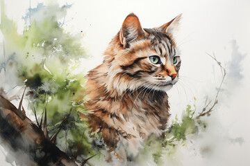 Wall Mural - a cat in nature in watercolor art style
