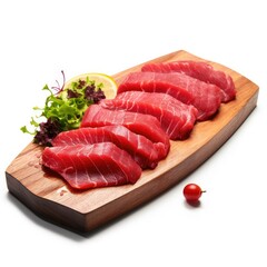 Wall Mural - Raw Beef Slices on Wooden Board