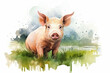 a pig in nature in watercolor art style