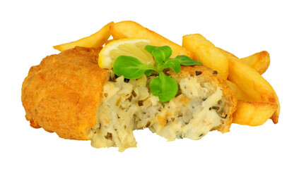 Battered fish and potato fish cakes and chips with lambs leaf lettuce garnish