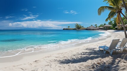 Quiet beach vacation: absence of people, relaxing lounger on the shore, horizon over the water