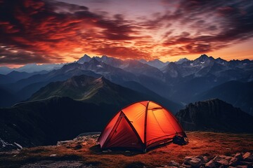 Canvas Print - Tent in the mountains at sunset. Beautiful summer landscape with a tent.