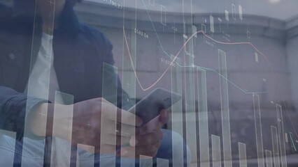 Poster - Animation of statistical data processing against biracial man using smartphone sitting on the stairs