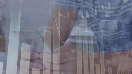 Poster - Animation of statistical data processing against caucasian man using smartphone at office