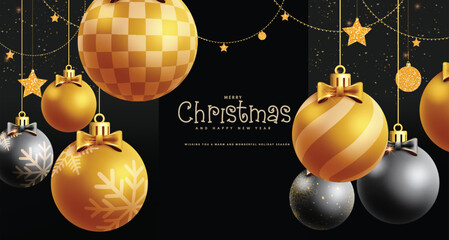 Wall Mural - Christmas balls vector template design. Merry christmas and happy new year greeting card with xmas balls in gold and black color hanging in elegant background. Vector illustration holiday season 