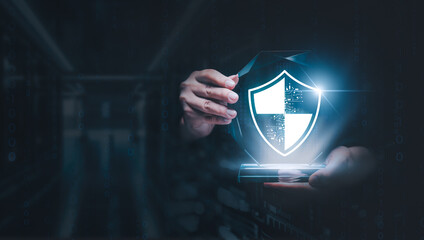 cybersecurity concept. Businessman holding shield protect icon Cybersecurity privacy of data protection .Protection network security computer and secure your data concept .