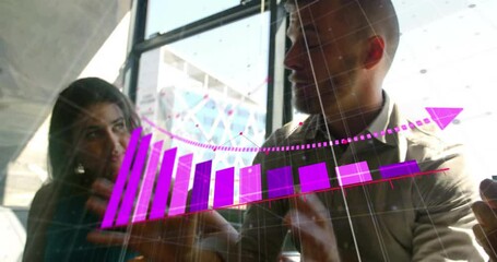 Poster - Animation of arrow on falling bar graphs over diverse coworkers sharing ideas in office