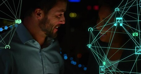 Poster - Animation of connected icons forming globes over diverse couple watching videos on digital tablet
