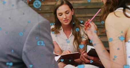 Poster - Animation of connected icons over diverse coworkers discussing reports on digital tablet