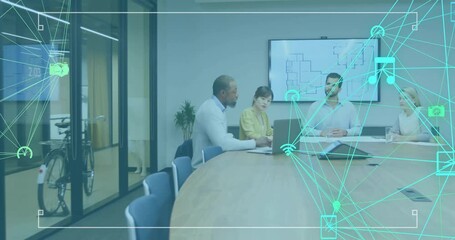 Wall Mural - Animation of connected icons globes over diverse engineers discussing blueprint in office