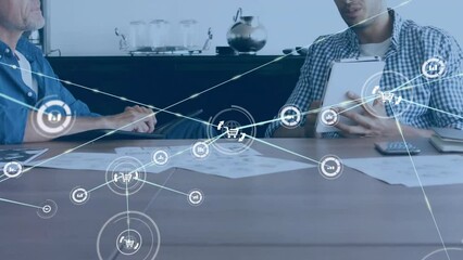 Poster - Animation of connected icons over diverse coworkers discussing reports on digital tablet