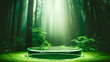 Empty round podium on sunrise forest background with green trees, fog and sunny rays light. Show case for natural cosmetic products. Concept scene stage for new product, promotion sale, presentation