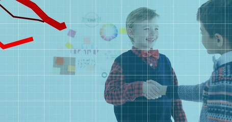 Poster - Animation of falling graphs and grid pattern over diverse boys shaking hands
