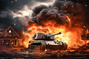 Wall Mural - War Concept. Tank attack on the city. Hostilities. A tank against the background of fire, smoke, explosions and a destroyed house. Battle in ruined city. Selective focus.