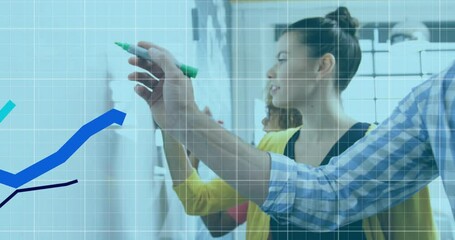 Poster - Animation of multiple graphs and grid pattern over diverse coworkers writing on whiteboard in office