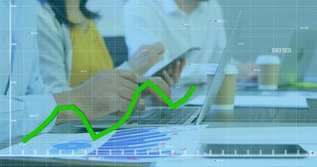 Poster - Animation of graph and changing numbers over diverse coworkers preparing reports in office