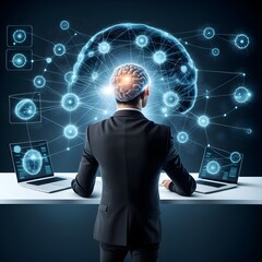 Businessman touching the brain working of Artificial Intelligence (AI) in the futuristic business and coding software development on interface and synchronize network connection, IoT, innovative