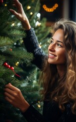 Wall Mural - A beautiful woman with a look full of joy decorating a New Year's tree. The girl is smiling and wearing a dark sweater.