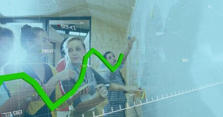 Poster - Animation of multiple graphs and changing numbers, diverse coworkers writing on whiteboard in office