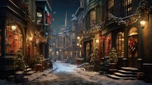 Winter Night City, Narrow Street, New York, Christmas