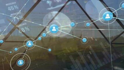 Poster - Animation of network of connections with icons and data processing over electric pylons