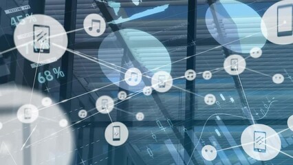 Poster - Animation of network of connections with icons and data processing over electric pylons
