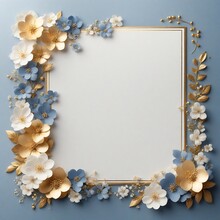 Elegant Decorative Small Flowers Golden White And Blue Invitation Blank Card  Frame Design. Ai Image Generative.