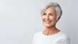 Mid age female with gray hair smile after teeth dental implants procedure. Dentistry concept. Banner with White background and copy space.