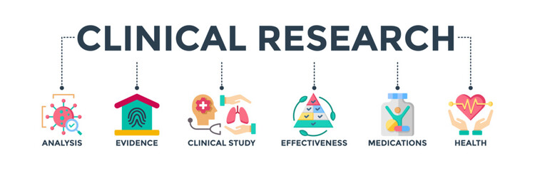 Clinical research banner web icon concept with icons of analysis, evidence, clinical study, effectiveness, medications, and health. Vector illustration 