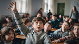 Fototapeta  - Elementary school boy raising his hand in the classroom Many students in the class were curious about the teacher's question and raised their hands to ask and ponder over how to solve the problem.