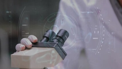 Poster - Animation of caucasian male scientist with microscope in laboratory over data and cells