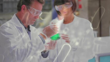 Poster - Animation of caucasian scientists in laboratory over cells