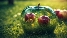 A Glass Apple With Two Apples And Grass In It On A Grassy Field And Grass In The Foreground